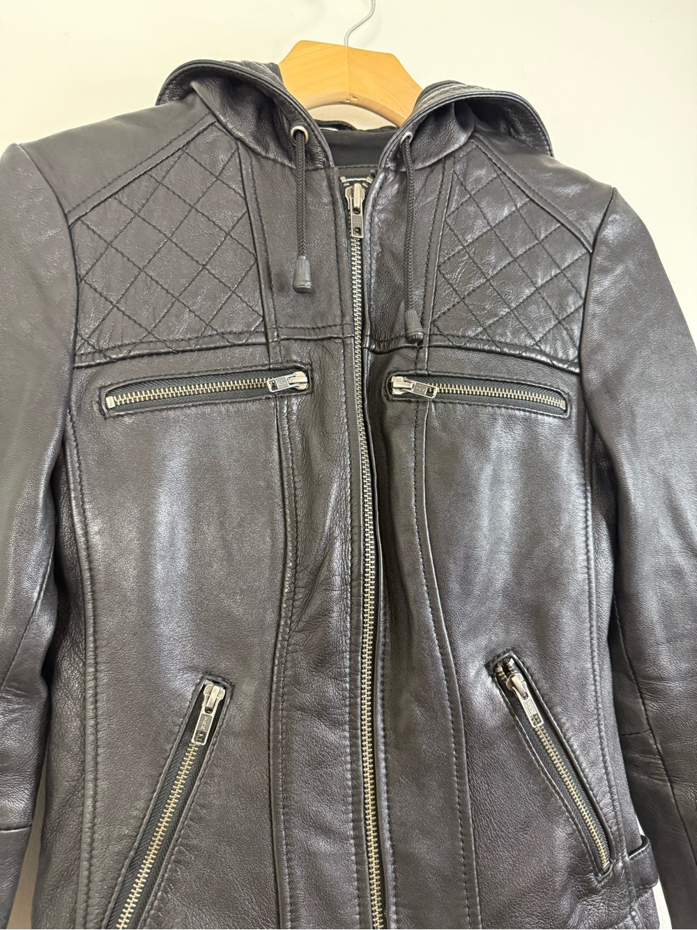 7th Ave. Black genuine leather, quilted, patch elbows, hooded Moto jacket. XS - Picture 2 of 10